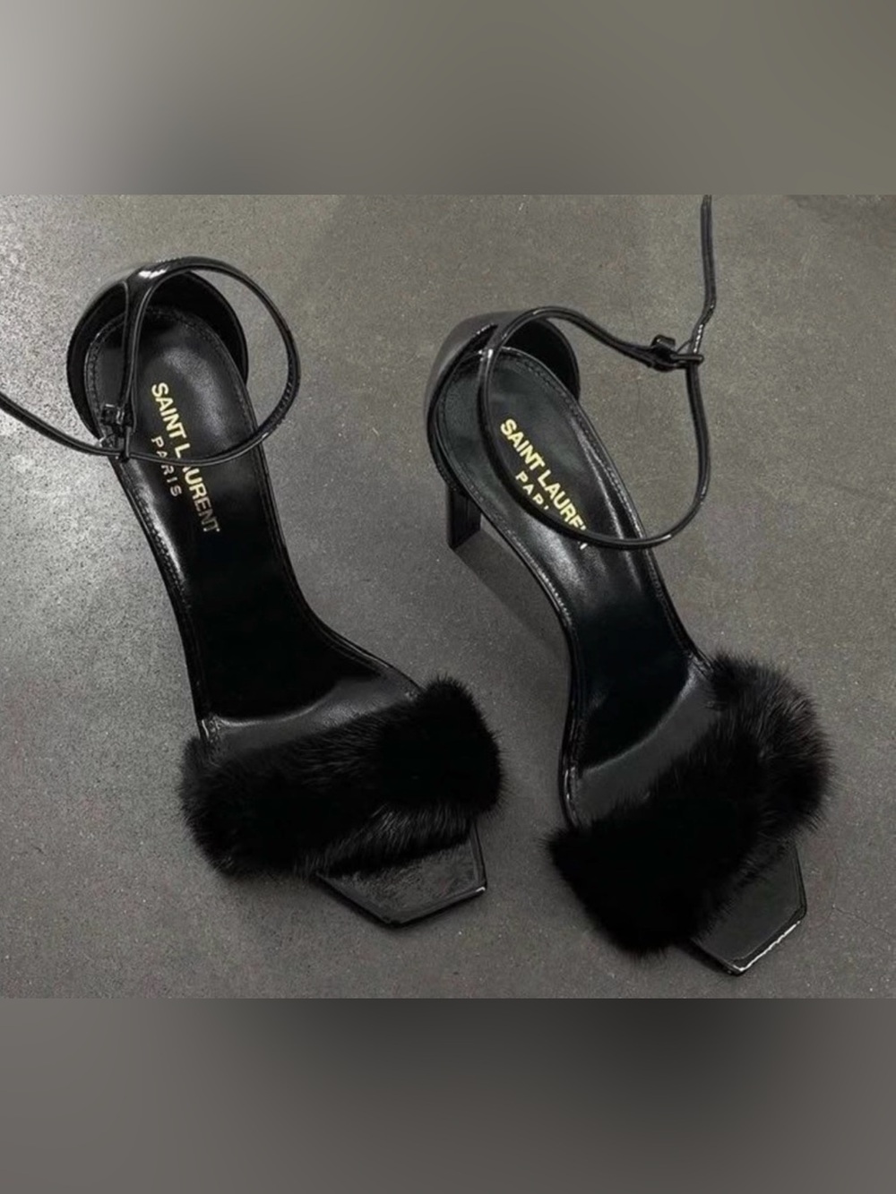 Saint Laurent Black Fur Ankle-Strap Heels